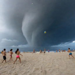 Youthful exuberance contrasted by nature's fury, with children thoroughly enjoying a beach volleyball game, while a fearsome hybrid of a typhoon-tornado wildly spirals in the backdrop.