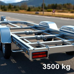 A highly detailed rendering of a three-axle trailer designed specifically for cars with a weight capacity of 3500 kg, featuring an integrated chassis