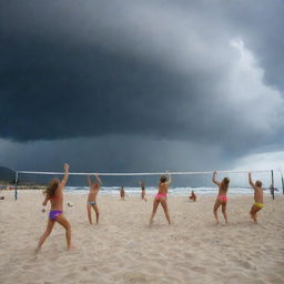 Youthful exuberance contrasted by nature's fury, with children thoroughly enjoying a beach volleyball game, while a fearsome hybrid of a typhoon-tornado wildly spirals in the backdrop.