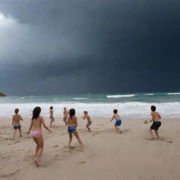 Youthful exuberance contrasted by nature's fury, with children thoroughly enjoying a beach volleyball game, while a fearsome hybrid of a typhoon-tornado wildly spirals in the backdrop.