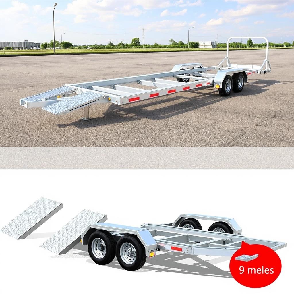 A detailed illustration of a trailer designed for cars, featuring three axles and measuring 9 meters in length