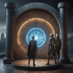 Humans in futuristic attire stepping into a glowing time machine portal, showing a contrast between the medieval age filled with knights and castles on the backdrop.