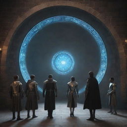 Humans in futuristic attire stepping into a glowing time machine portal, showing a contrast between the medieval age filled with knights and castles on the backdrop.