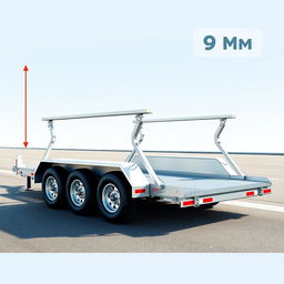 A detailed illustration of a three-axle trailer for cars, measuring 9 meters in length