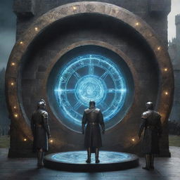 Humans in futuristic attire stepping into a glowing time machine portal, showing a contrast between the medieval age filled with knights and castles on the backdrop.