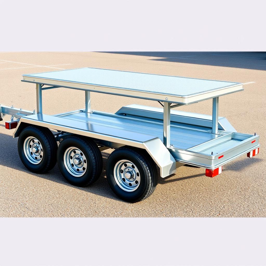 A highly detailed illustration of a three-axle trailer for cars, measuring 9 meters long, resembling a specific reference image but tailored to include this length