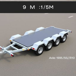 A highly detailed illustration of a three-axle trailer for cars, measuring 9 meters long, resembling a specific reference image but tailored to include this length