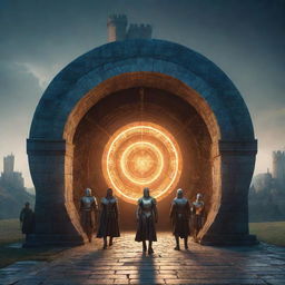 Humans in futuristic attire stepping into a glowing time machine portal, showing a contrast between the medieval age filled with knights and castles on the backdrop.