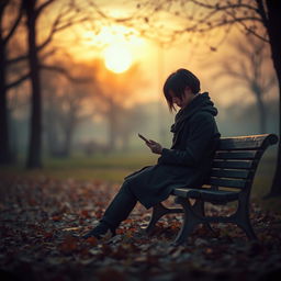 A dramatic representation of heartache and despair, featuring a solitary figure sitting on a bench in an empty park, surrounded by fallen leaves