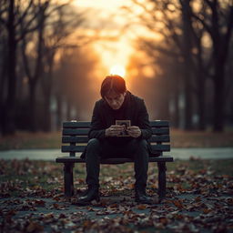 A dramatic representation of heartache and despair, featuring a solitary figure sitting on a bench in an empty park, surrounded by fallen leaves