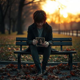 A dramatic representation of heartache and despair, featuring a solitary figure sitting on a bench in an empty park, surrounded by fallen leaves