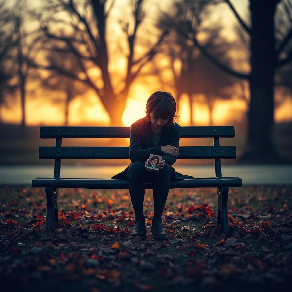 A dramatic representation of heartache and despair, featuring a solitary figure sitting on a bench in an empty park, surrounded by fallen leaves