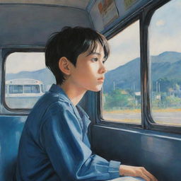 Anime-styled painting of a young boy sitting in a bus, looking out the window in contemplation, with the interior details of the bus surrounding him