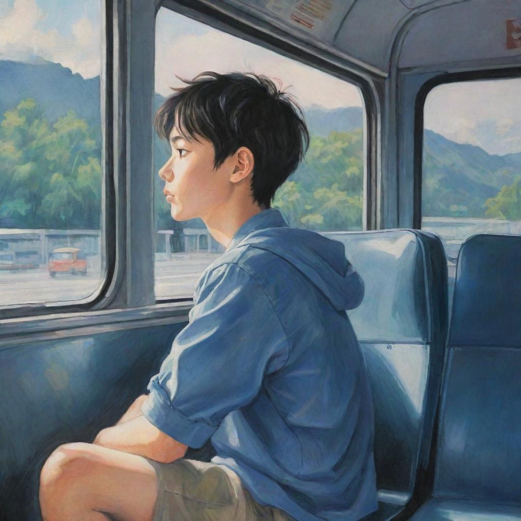 Anime-styled painting of a young boy sitting in a bus, looking out the window in contemplation, with the interior details of the bus surrounding him