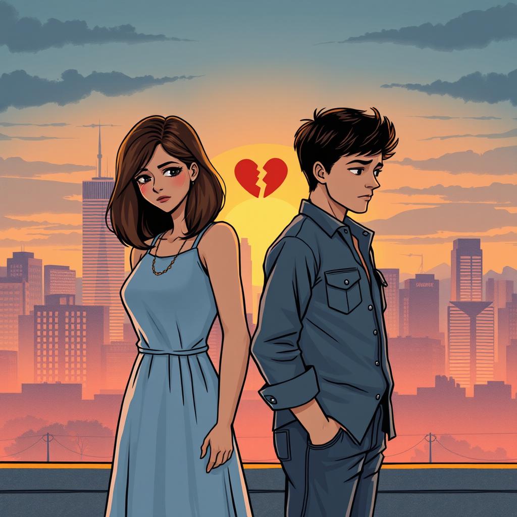 A dramatic and emotional news headline illustration featuring two people standing apart with sad expressions, symbolizing the end of their relationship