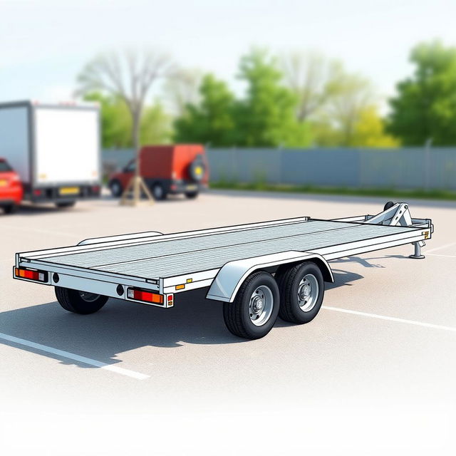 An illustration of a three-axle car trailer, inspired by the style of the provided reference image 2, but specifically designed with three axles and six wheels