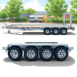 An illustration of a three-axle car trailer, inspired by the style of the provided reference image 2, but specifically designed with three axles and six wheels