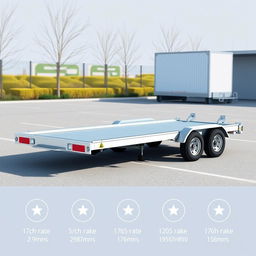 An illustration of a three-axle car trailer, inspired by the style of the provided reference image 2, but specifically designed with three axles and six wheels