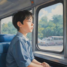 Anime-styled painting of a young boy sitting in a bus, looking out the window in contemplation, with the interior details of the bus surrounding him