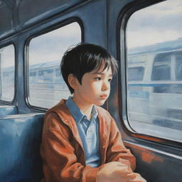 Anime-styled painting of a young boy sitting in a bus, looking out the window in contemplation, with the interior details of the bus surrounding him