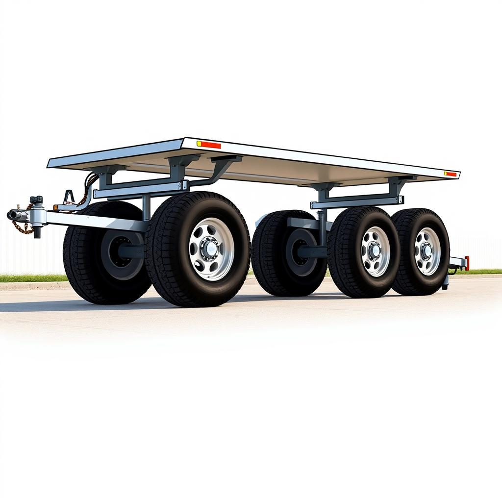 A detailed illustration of a three-axle car trailer designed with six wheels, measuring 195/55R10