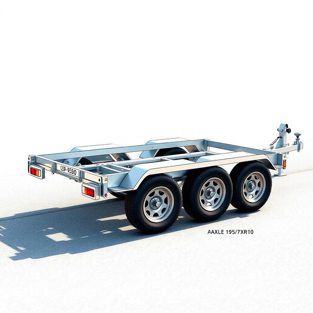 A detailed illustration of a three-axle car trailer designed with six wheels, measuring 195/55R10