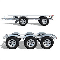 A detailed illustration of a three-axle car trailer designed with six wheels, measuring 195/55R10