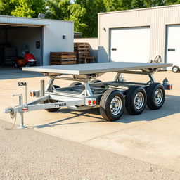 A realistic design concept of a three-axle car trailer measuring 9 meters in length, optimized for practical use