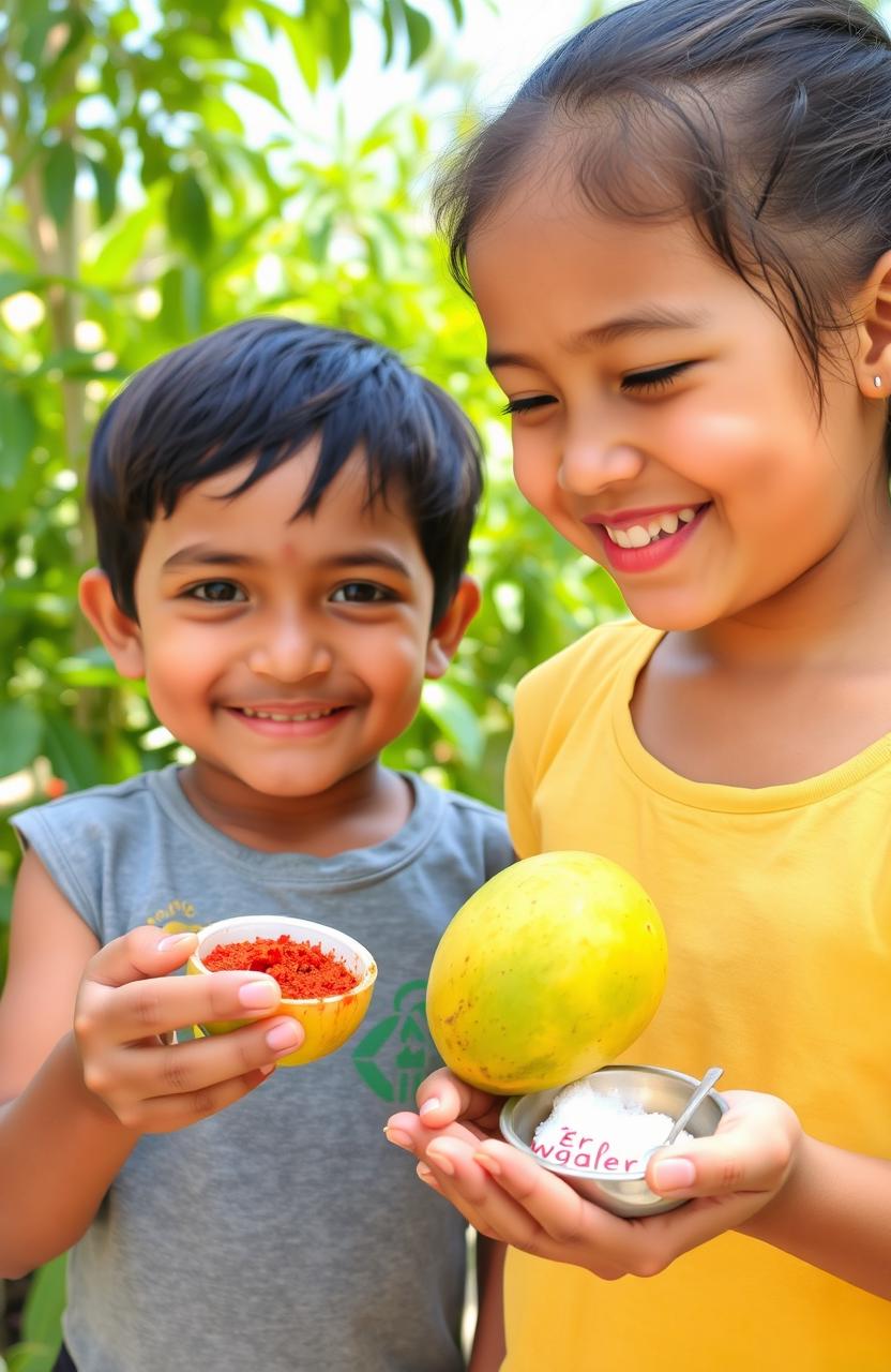 A charming scene of a 10-year-old elder sister smiling as she shares a ripe raw mango with her younger brother