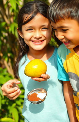 A charming scene of a 10-year-old elder sister smiling as she shares a ripe raw mango with her younger brother