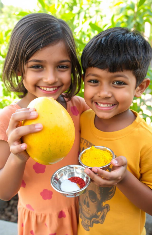 A charming scene of a 10-year-old elder sister smiling as she shares a ripe raw mango with her younger brother