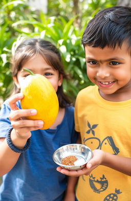 A charming scene of a 10-year-old elder sister smiling as she shares a ripe raw mango with her younger brother