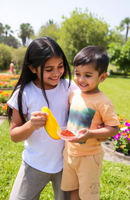 A tender moment between an elder sister and her younger brother on a sunny day