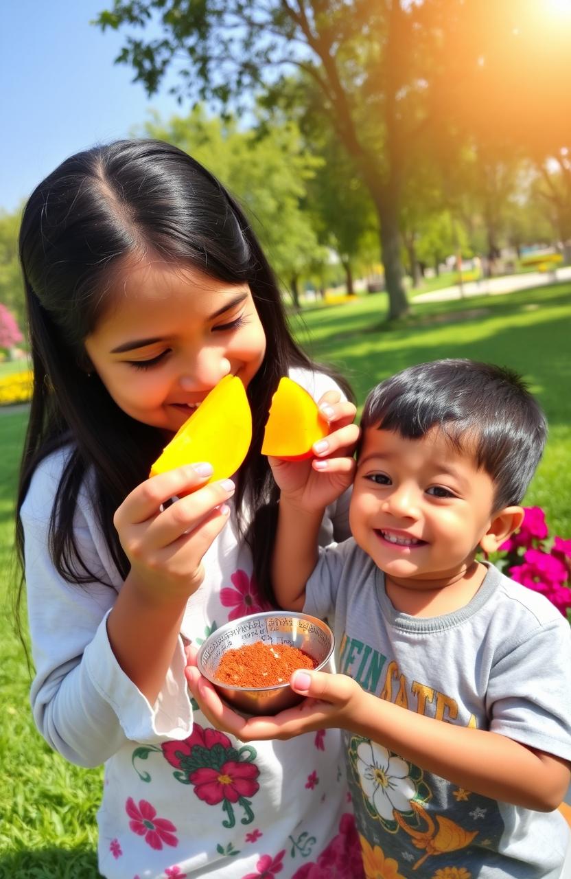 A tender moment between an elder sister and her younger brother on a sunny day