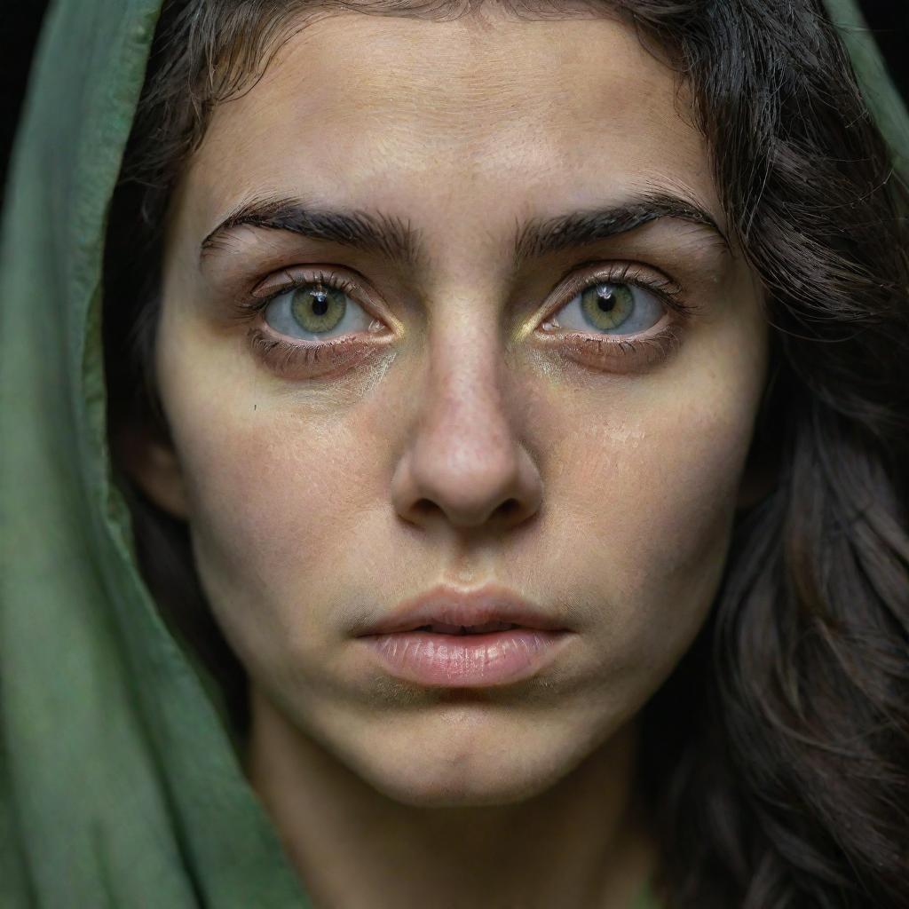 A highly detailed, 16k resolution portrait of a 23-year-old beautiful, sad Iranian woman with pale hazel green irises and thick, messy dark hair. The image captures her symmetrical facial features under low light with a war-torn background, emulating James Nachtwey's photography style.