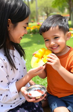 A tender moment between an elder sister and her younger brother on a sunny day