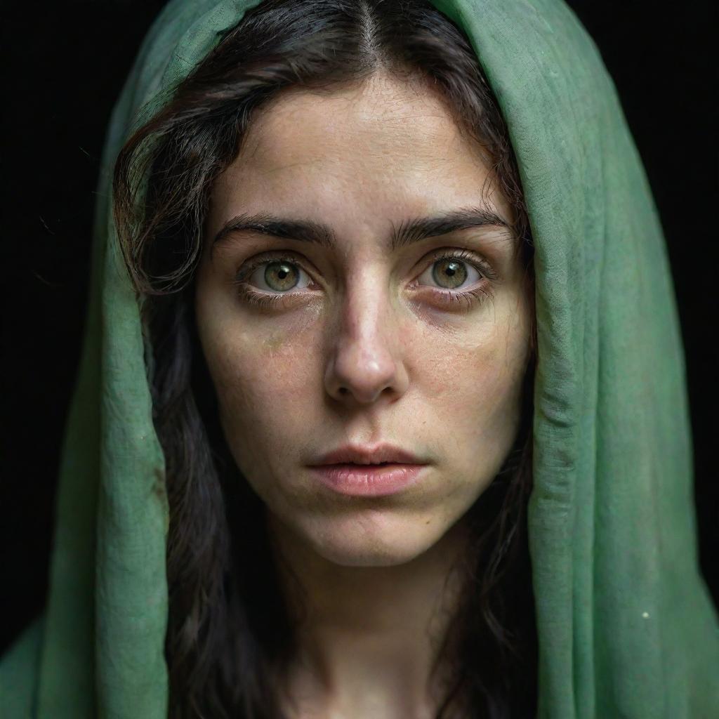 A highly detailed, 16k resolution portrait of a 23-year-old beautiful, sad Iranian woman with pale hazel green irises and thick, messy dark hair. The image captures her symmetrical facial features under low light with a war-torn background, emulating James Nachtwey's photography style.