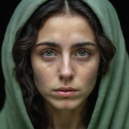 A highly detailed, 16k resolution portrait of a 23-year-old beautiful, sad Iranian woman with pale hazel green irises and thick, messy dark hair. The image captures her symmetrical facial features under low light with a war-torn background, emulating James Nachtwey's photography style.