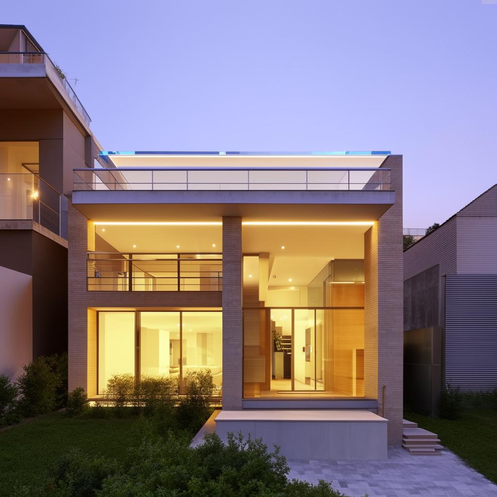 Two-story house, the ground floor designed with blocks. The second floor, though slightly more expensive in appearance, features a roof balcony made of glass. What sets the house apart are its soft, illuminating light colors.