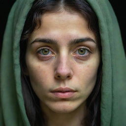 A highly detailed, 16k resolution portrait of a 23-year-old beautiful, sad Iranian woman with pale hazel green irises and thick, messy dark hair. The image captures her symmetrical facial features under low light with a war-torn background, emulating James Nachtwey's photography style.