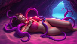 A surreal and vivid fantasy artwork of a beautiful naked woman lying on a sandy beach within an enchanting underwater cave