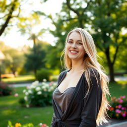 A slender, beautiful European blonde woman, 28 years old, smiling sweetly in a park