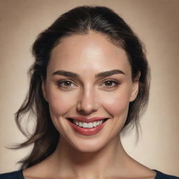 Realistic portrait of Gal Gadot with captivating eyes and radiant smile, capturing her strong and positive personality.