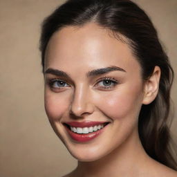 Realistic portrait of Gal Gadot with captivating eyes and radiant smile, capturing her strong and positive personality.