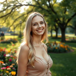 A slender, beautiful European blonde woman, 28 years old, smiling charmingly in a park