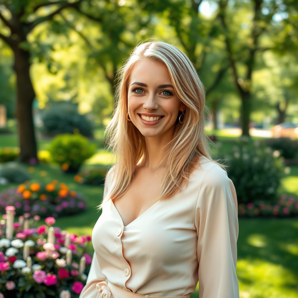 A slender, beautiful European blonde woman, 28 years old, smiling charmingly in a park