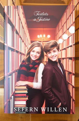 A book cover featuring a girl with brown hair leaning against a library shelf, surrounded by numerous books