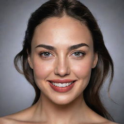 Realistic portrait of Gal Gadot with captivating eyes and radiant smile, capturing her strong and positive personality.