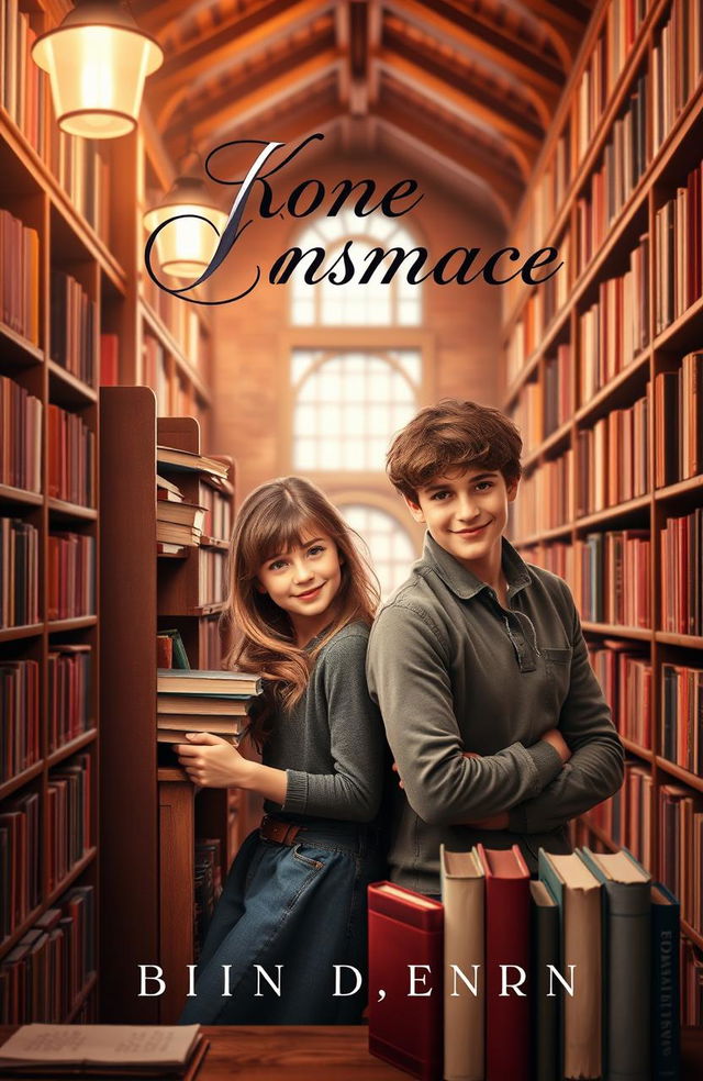 A book cover featuring a girl with brown hair leaning against a library shelf, surrounded by numerous books