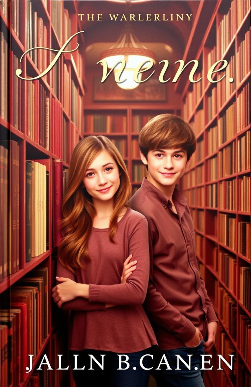 A book cover featuring a girl with brown hair leaning against a library shelf, surrounded by numerous books